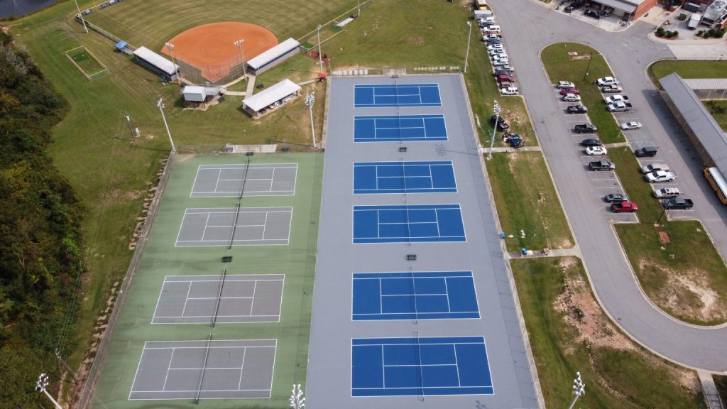 Aerial View of Tennis Courts and Baseball Field with Parking Lot