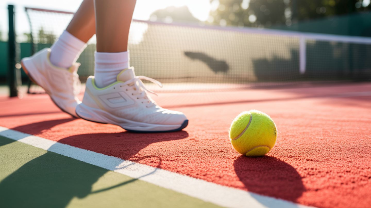 Tennis Ball With A Player’s Foot In White Shoes