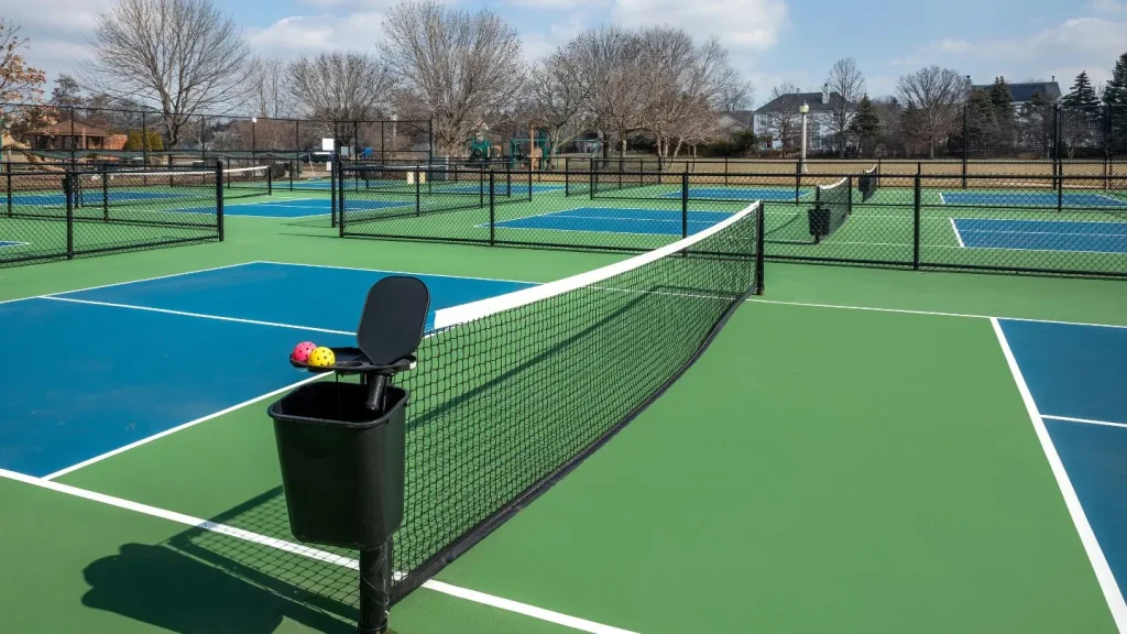 Pickleball Court With Center Net and Perimeter Fence
